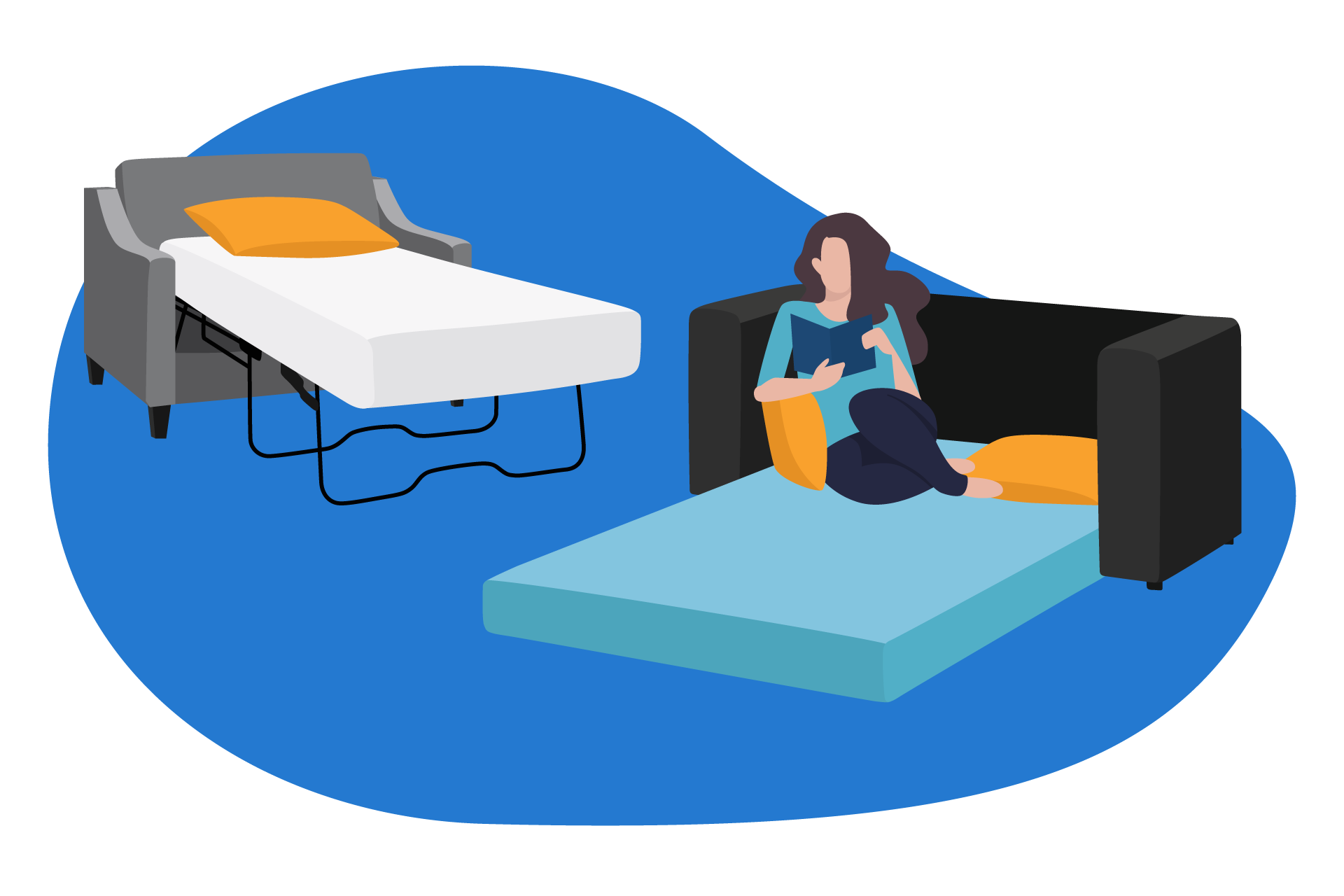 Dois tipos diferentes de sofá-cama abertos. Um deles está ocupado por uma pessoa sentada a ler um livro. Ambas as camas têm almofadas amarelas.
